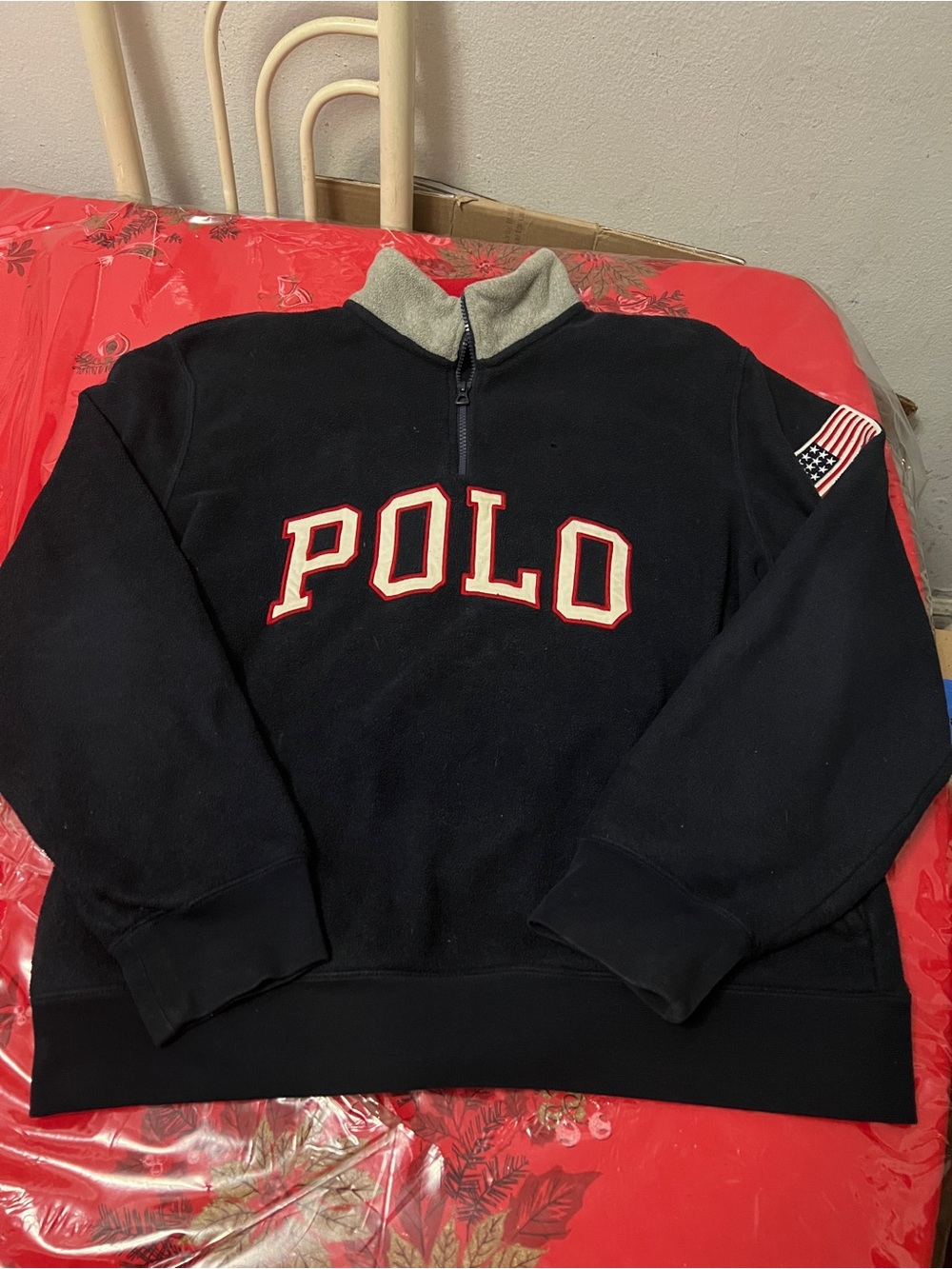 Polo Ralph Lauren Sweater 1/4 Zip Fleece USA Flag Size L Vintage Retro 90’s Y2K